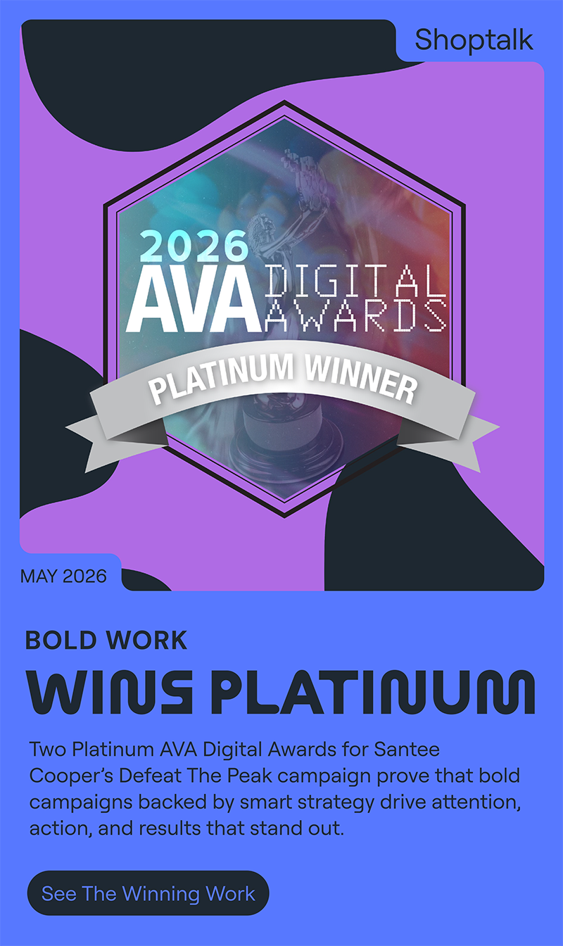 2026 AVA Digital Awards Platinum Winner badge celebrating Santee Cooper’s Defeat The Peak campaign, with text highlighting two Platinum awards for bold campaign strategy and performance